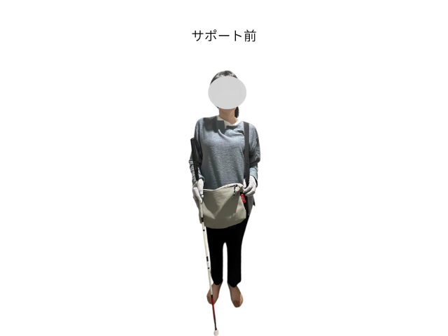 サポート前の通勤スタイル。グレーのゆったりとしたトップスに黒の細身パンツ、斜めがけバッグを合わせた、動きやすさと着心地を重視した装い。