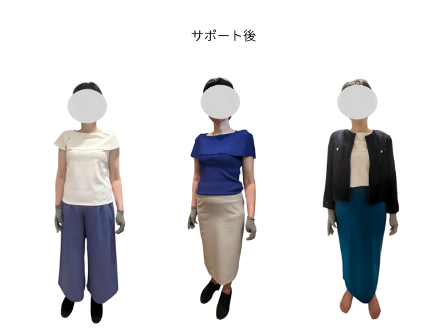 サポート後の3つの通勤スタイル。白のトップスとくすみブルーのワイドパンツ、鮮やかな青のトップスとベージュのスカート、明るいトップスに黒のジャケット風カーディガンと深い青緑のスカートを合わせた、明るく女性らしい装い。