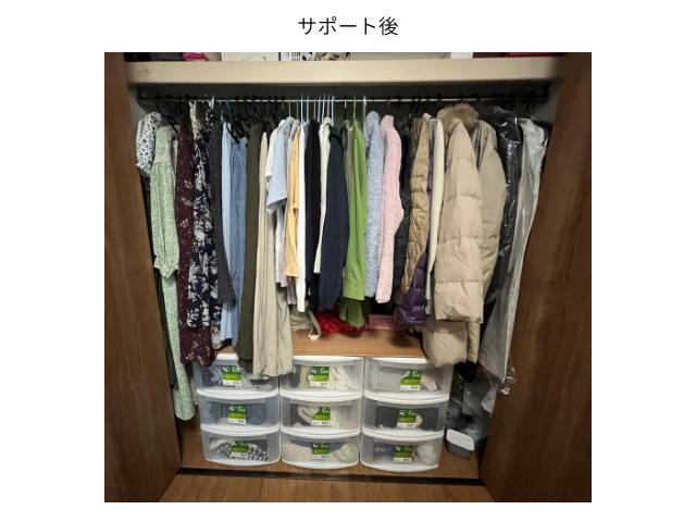 クローゼット整理後。衣類を種類ごとにまとめてハンガーに掛け、下段には引き出し収納ケースが並んでいる。手持ちの服を把握しやすく整理した状態。