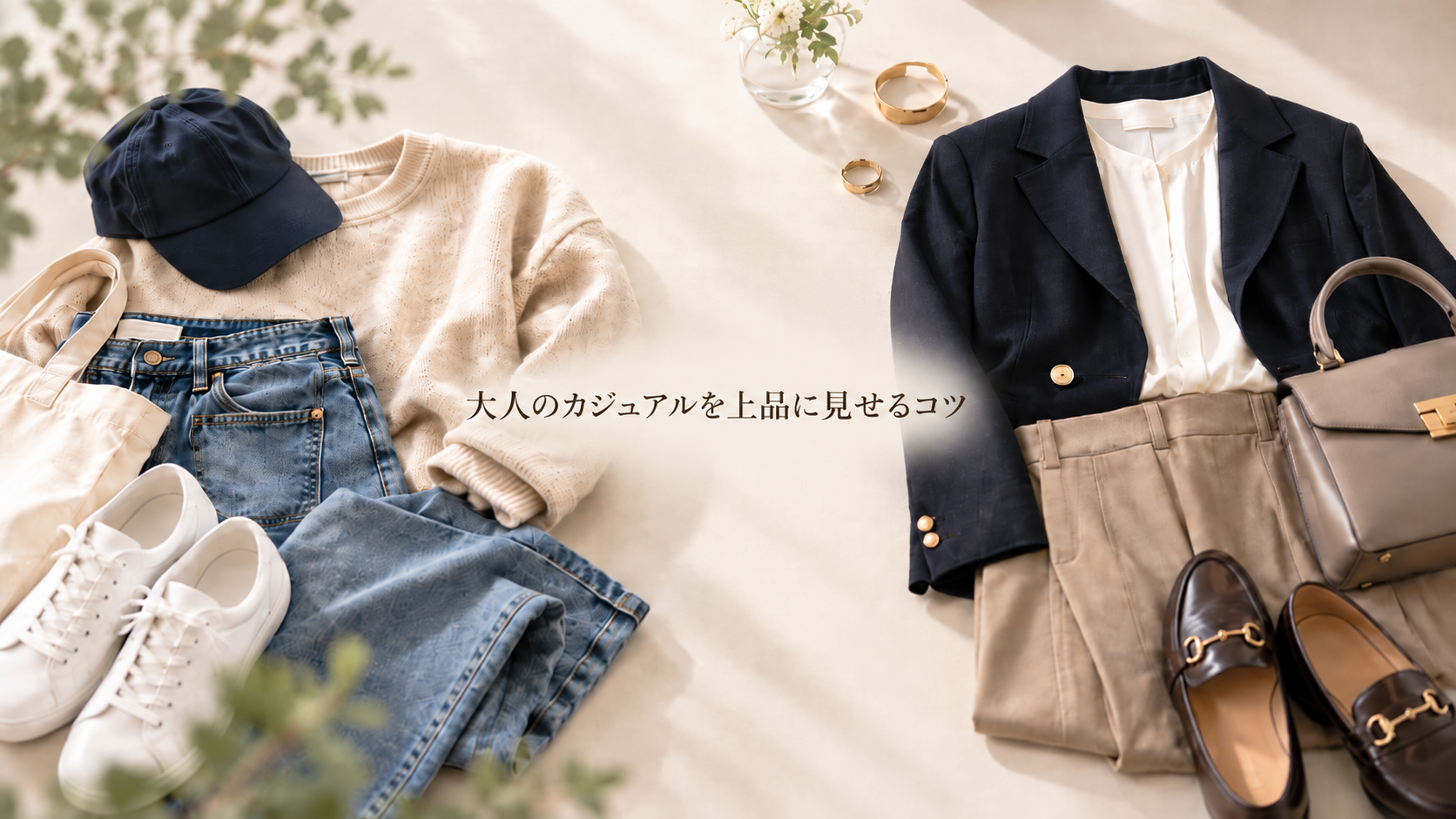 左にニット・デニム・スニーカー、右にジャケット・パンツ・ローファーを並べ、「大人のカジュアルを上品に見せるコツ」と表示したアイキャッチ画像
